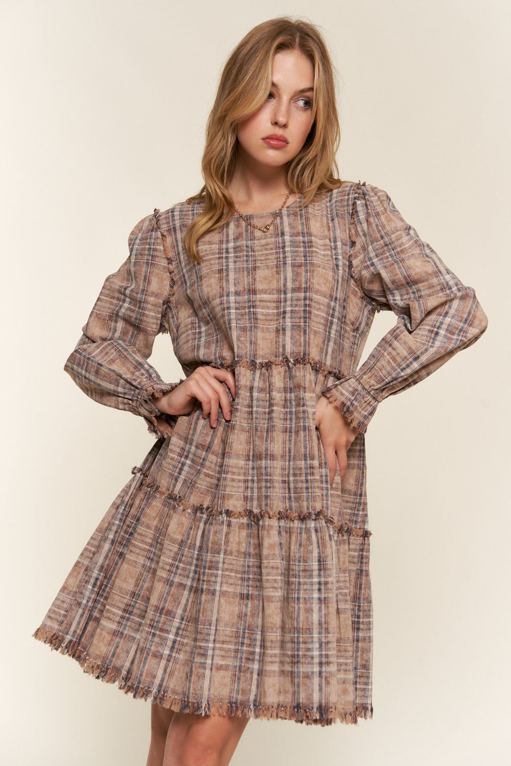 The Minimalist Washed Frayed Tiered Plaid Dress