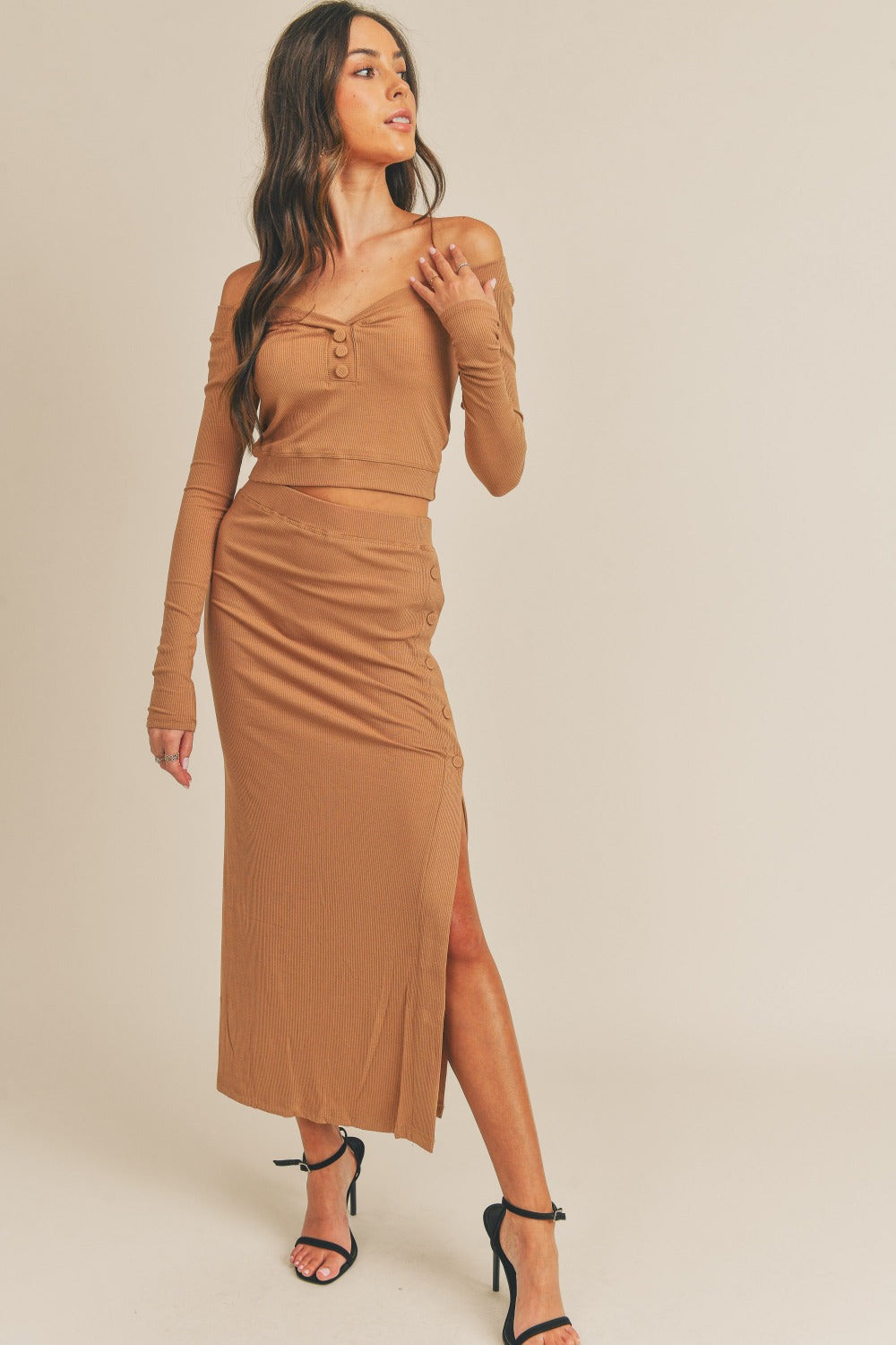 Sansplay Detail Crop Top and Slit Midi Skirt Set