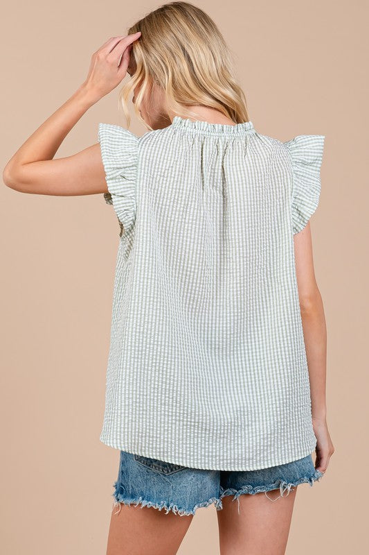 Serendipity Plaid Notched Ruffled Cap Sleeve Blouse