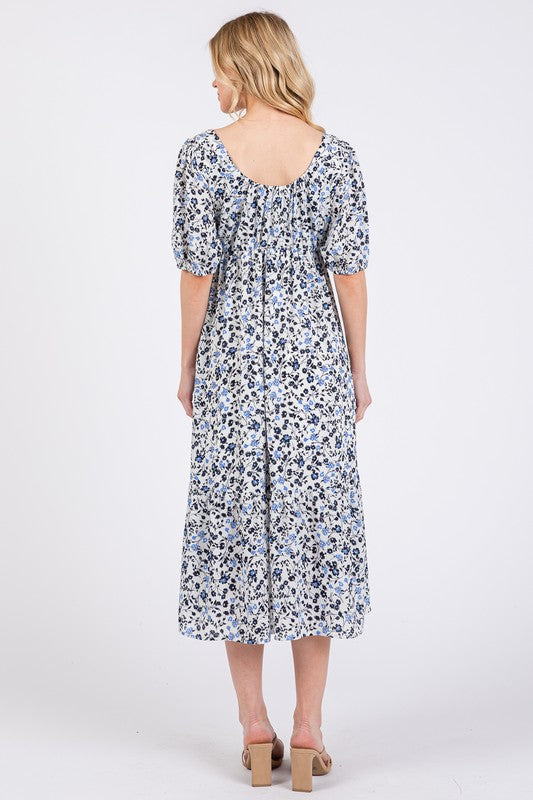 Whispers of Romance Floral Square Neck Puff Sleeve Midi Dress