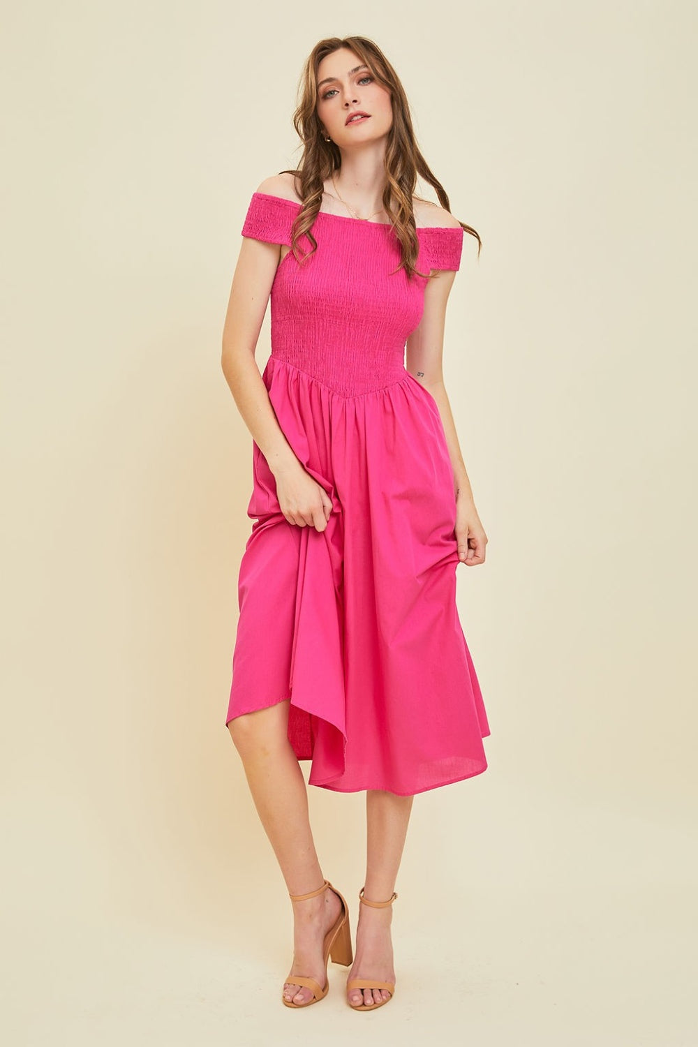 Whimsy Off-Shoulder Smocked Midi Dress