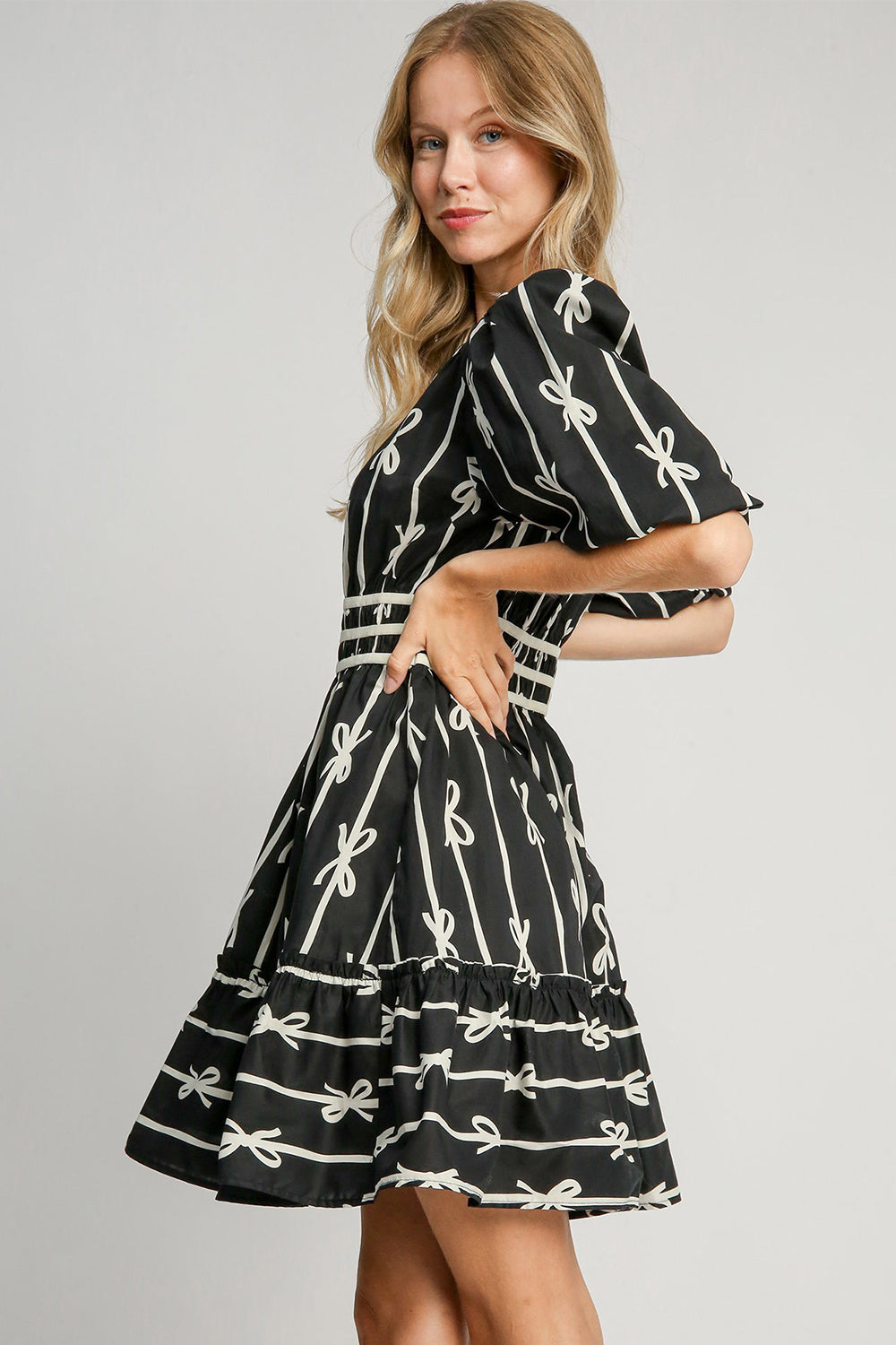 The Midnight Bloom Ribbon Print Frill Contrast Velvet Trim Half Sleeve Dress