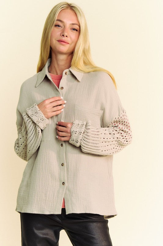 The Must-Have Crochet Sleeve Crinkled Texture Shirt