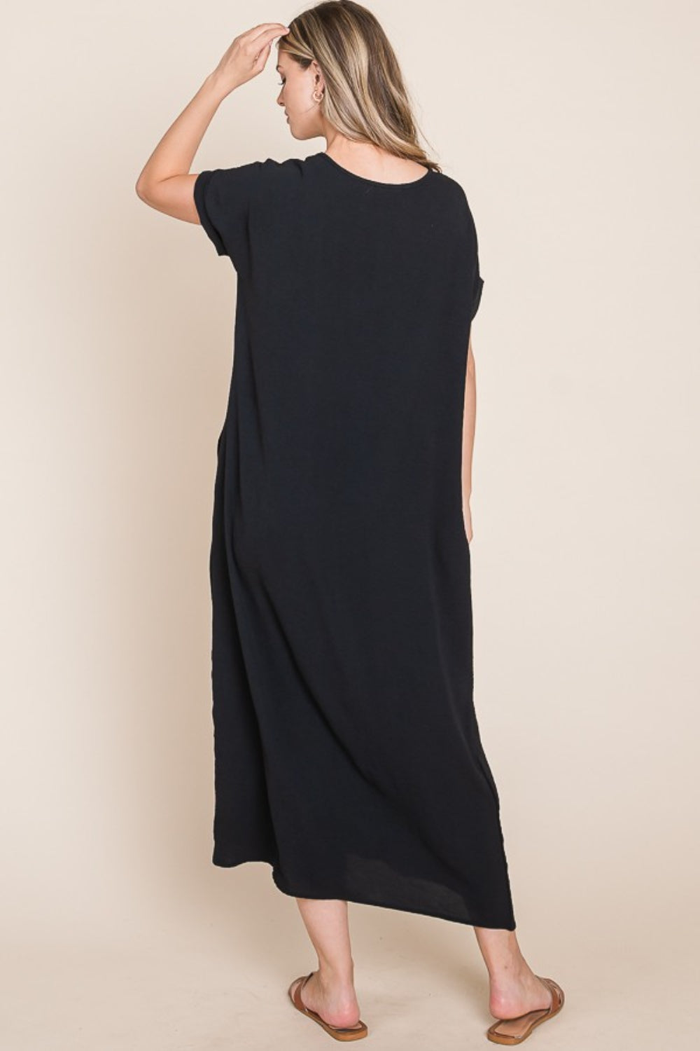 Sansplay Round Neck Short Sleeve Midi Dress with Pockets