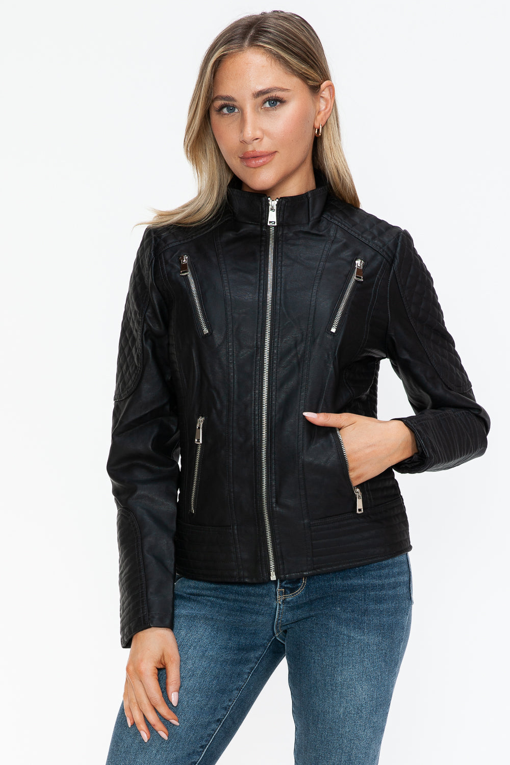 Leather Zip Up Mock Neck Jacket