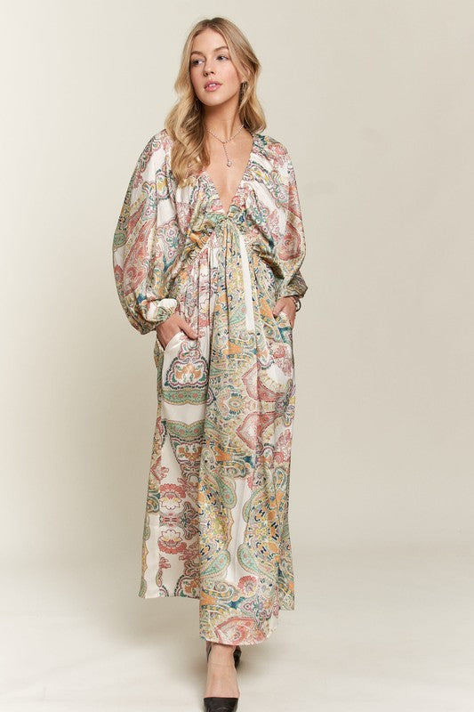 Heart's Desire Printed V-Neck Batwing Sleeve Dress