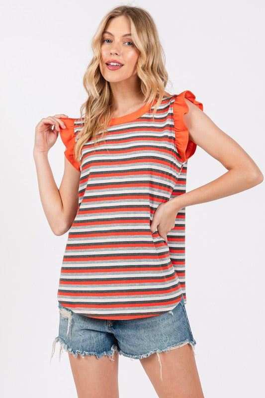 Urban Romance Striped Round Neck Ruffled Cap Sleeve Top