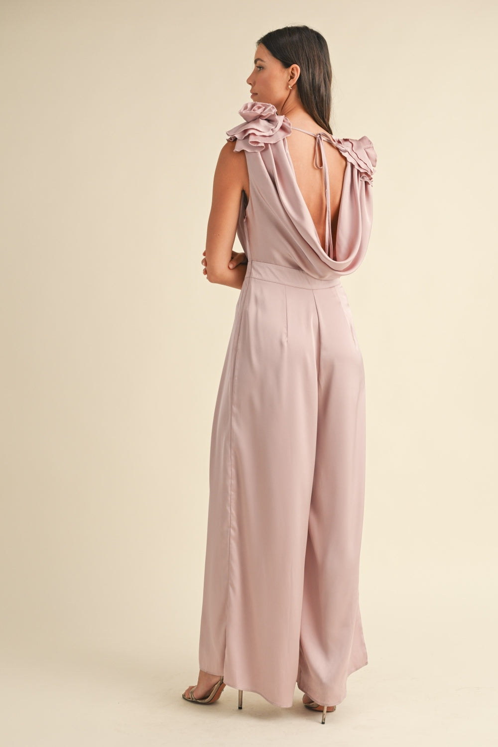 Dreamscapes 3D Floral Applique Deep Cowl Neck Jumpsuit