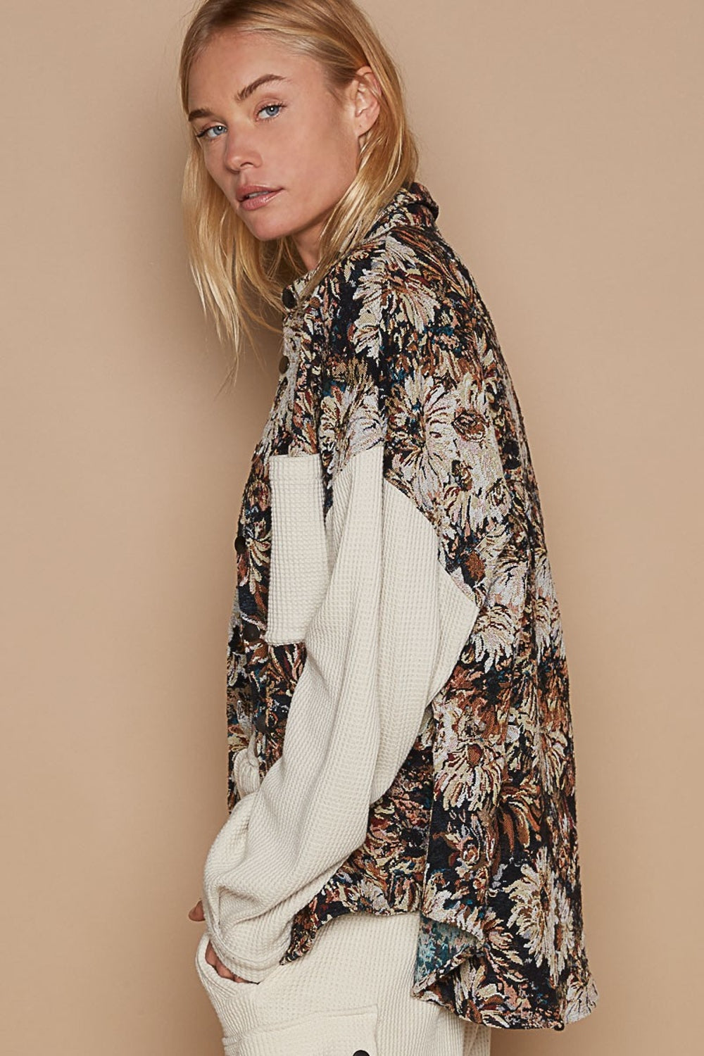 Solace Contrast Sleeves Button Down Floral Jacquard Shirt