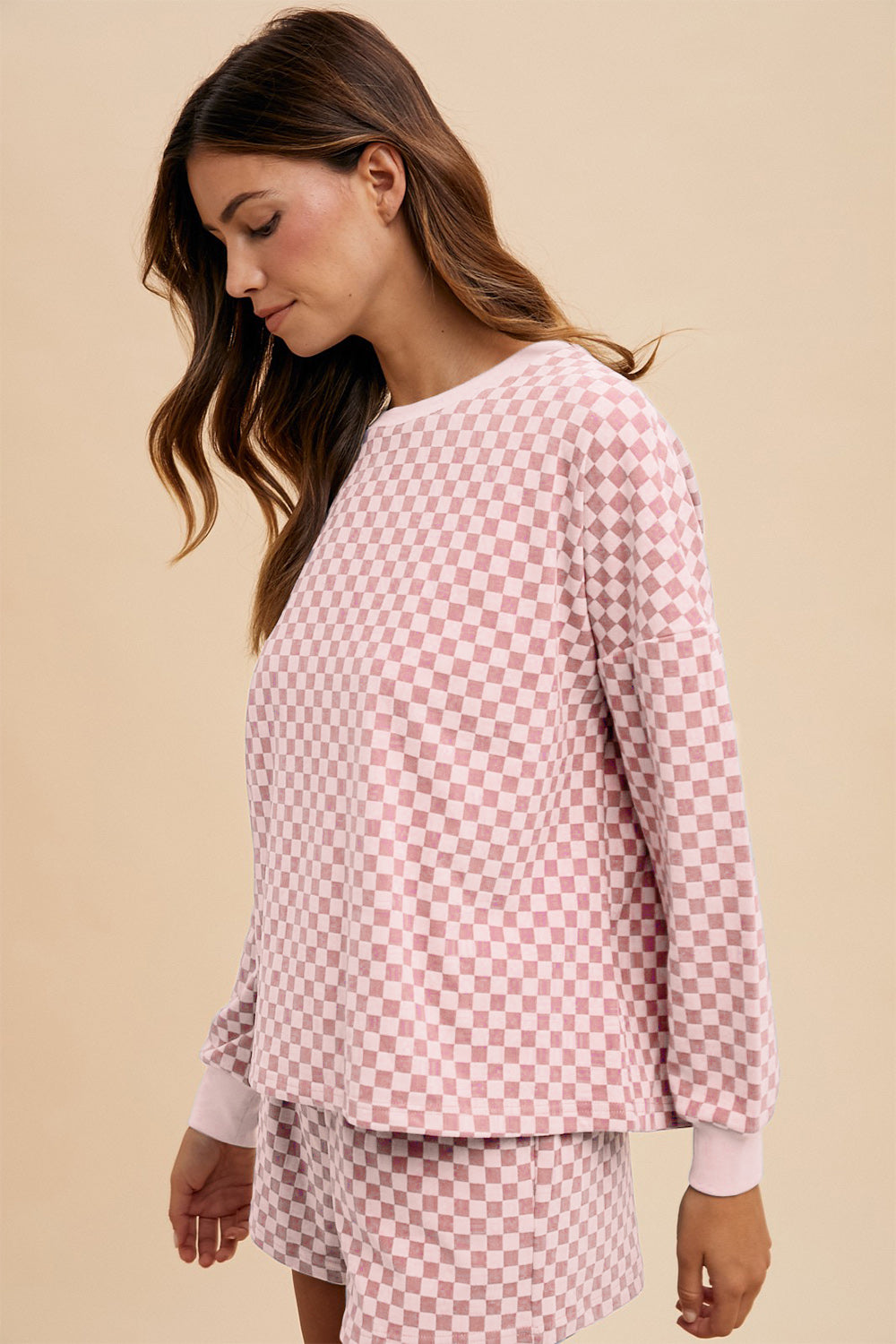Sansplay Luxe Two-Piece Checkered Round Neck Top and Drawstring Shorts Set