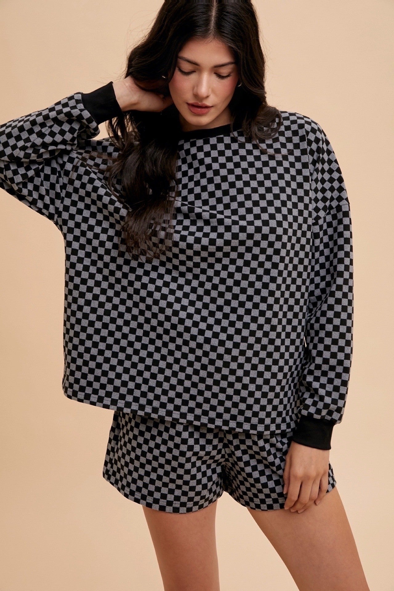 Sansplay Luxe Two-Piece Checkered Round Neck Top and Drawstring Shorts Set