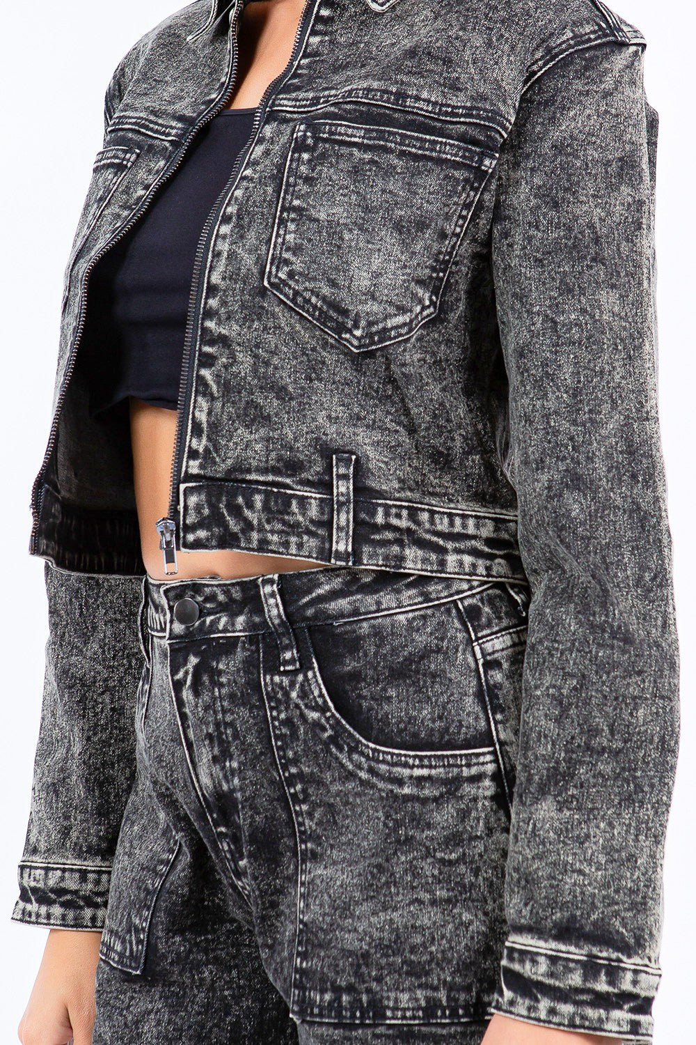 Sansplay Overdyed Bleached Zip Up Cropped Jacket