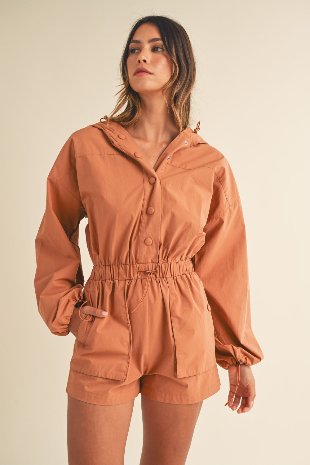 Ephemeral Grace Radiate Snap Down Long Sleeve Hooded Romper
