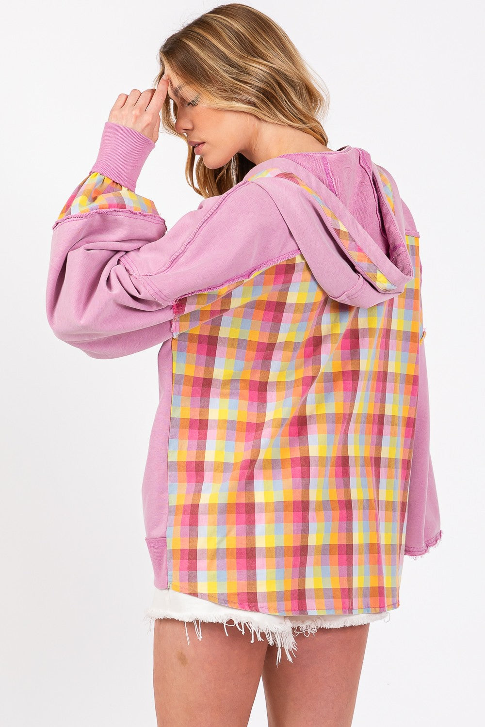 Sans Full Size Plaid Print Washed Hoodie