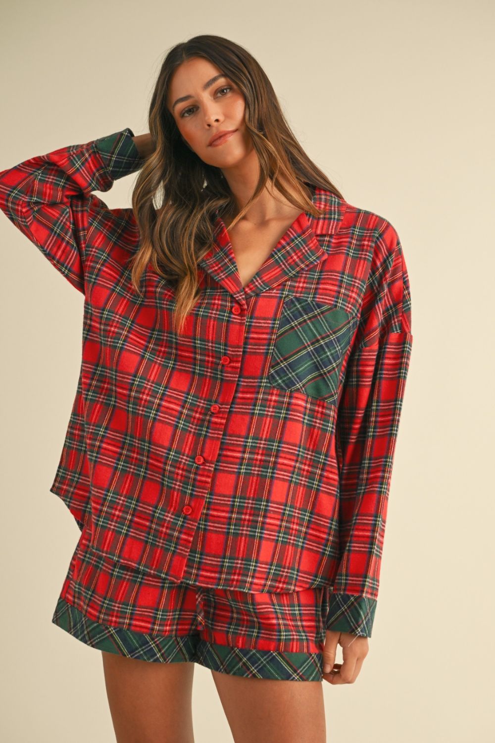 Sansplay Luxe Two-Piece Contrast Plaid Long Sleeve Top and Shorts Set