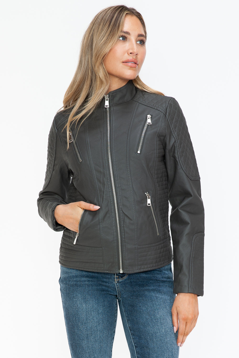 Leather Zip Up Mock Neck Jacket