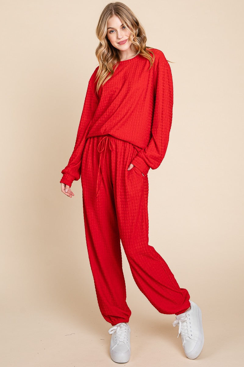 Sansplay Luxe Two-Piece Crinkle Check Round Neck Top and Pants Lounge Set