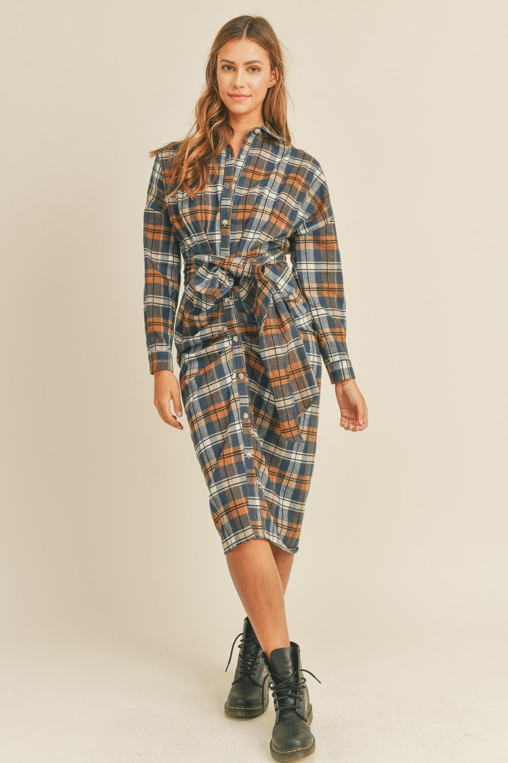 Sans Plaid Flannel Front Tie Button Down Shirt Dress