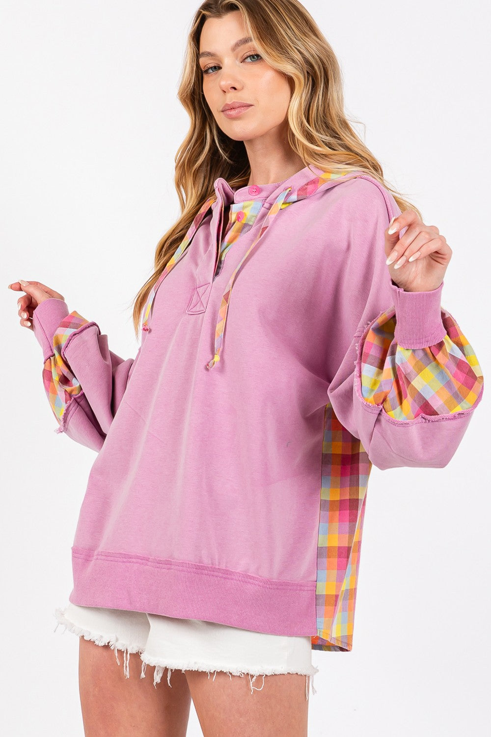 Sans Full Size Plaid Print Washed Hoodie