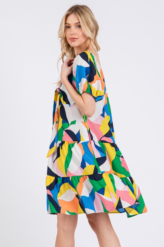 Heart's Desire Abstract Print Sweetheart Neck Puff Sleeve Dress
