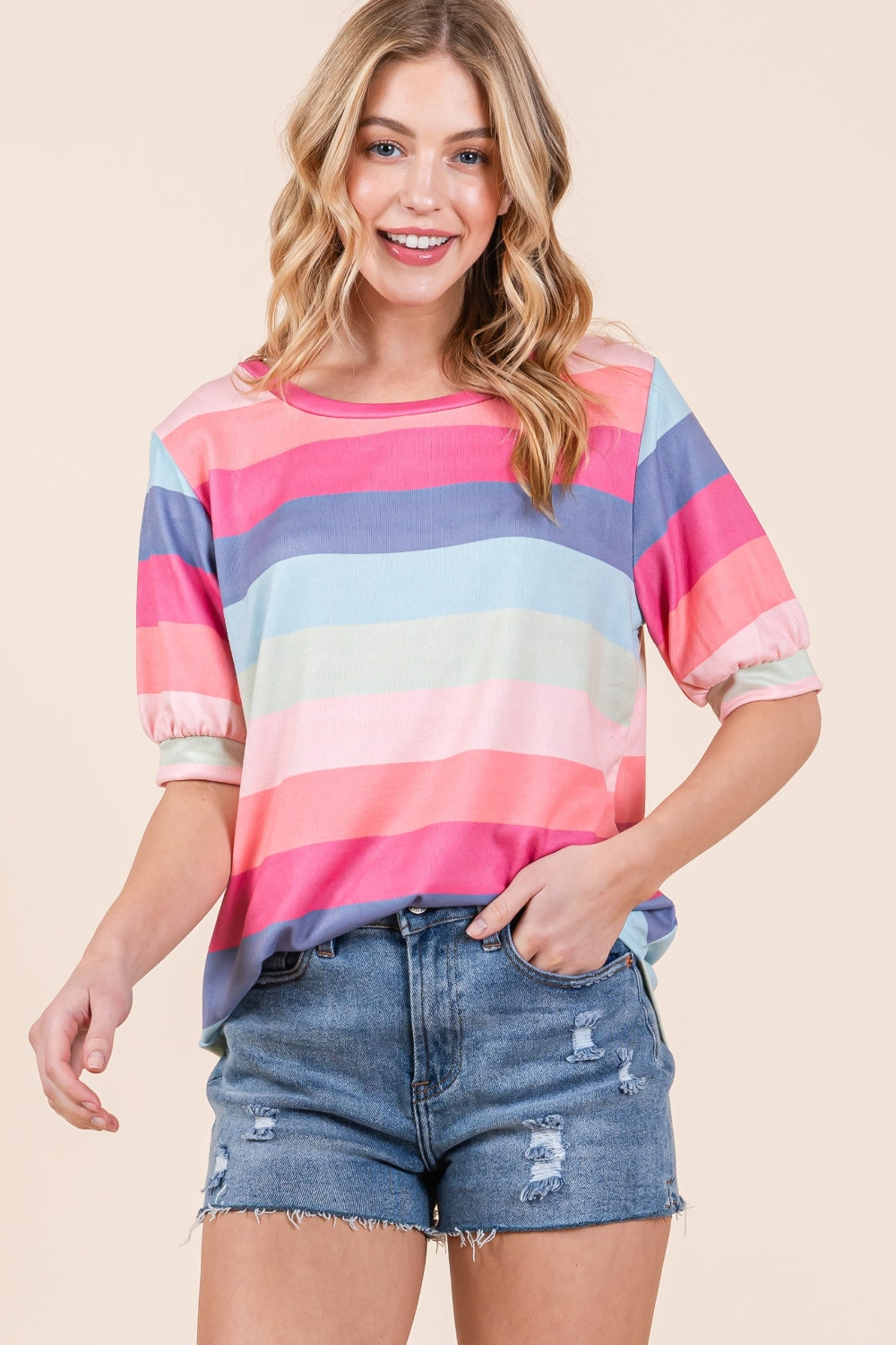 Threads of Tenderness Striped Round Neck Half Sleeve T-Shirt
