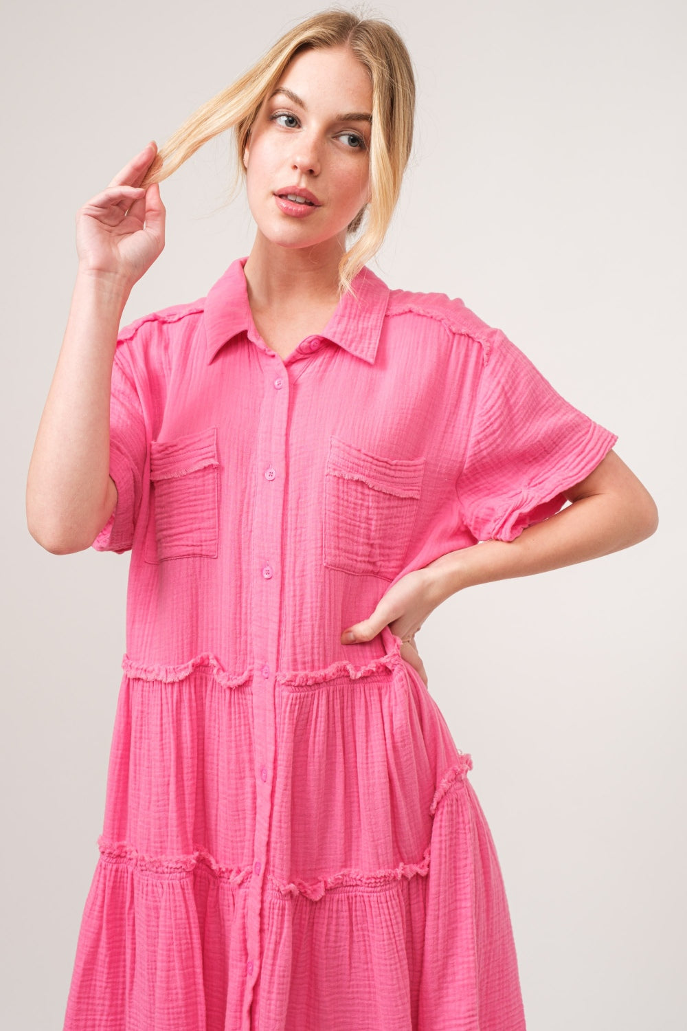 Evoke Mini PINK Raw Edge Washed Tiered Shirt Dress