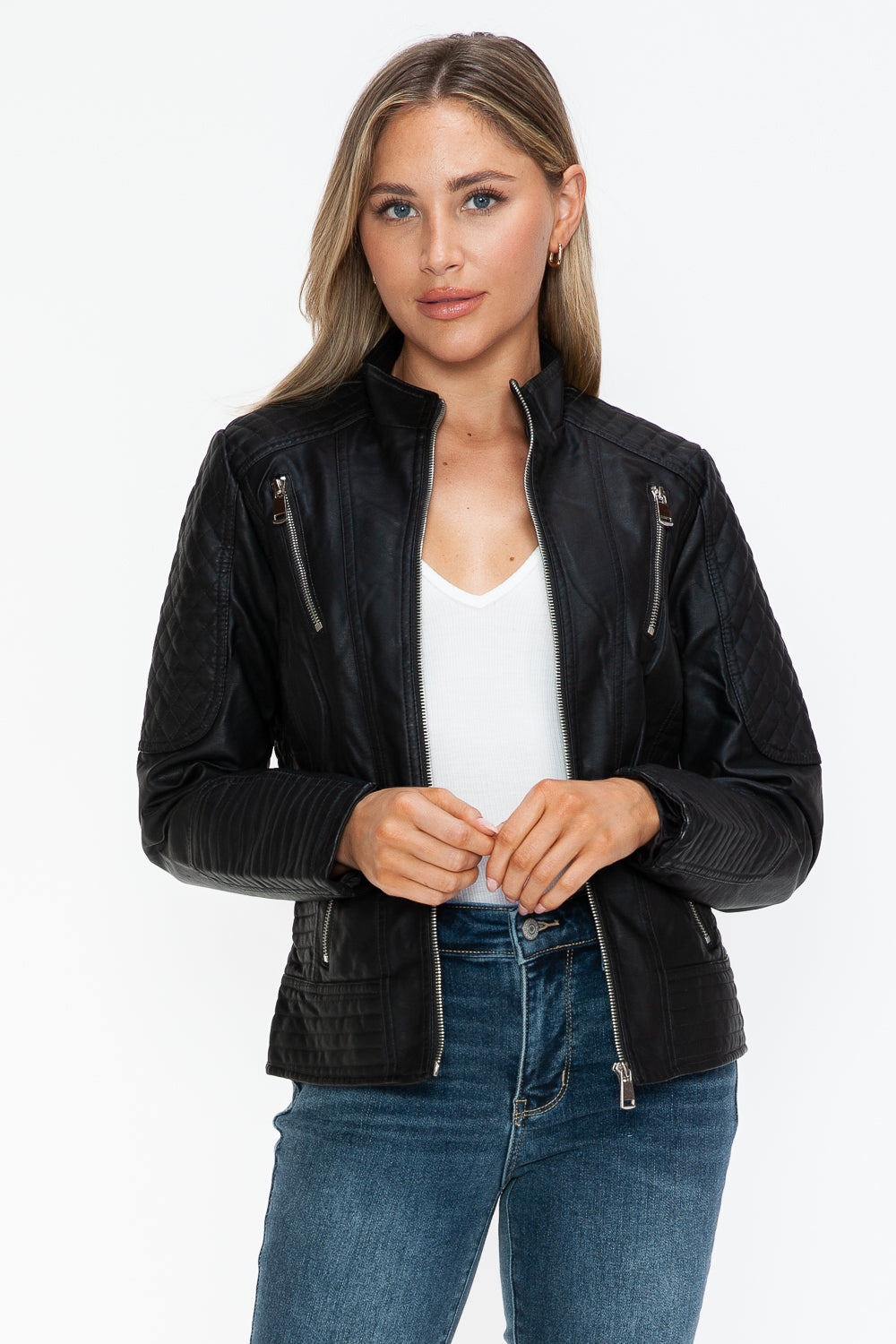Leather Zip Up Mock Neck Jacket