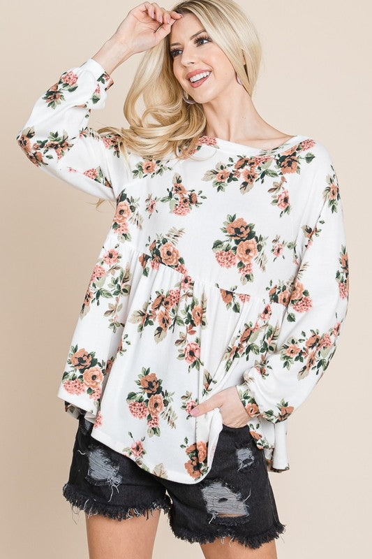 SANSY Babydoll Floral Boat Neck Long Sleeve Blouse