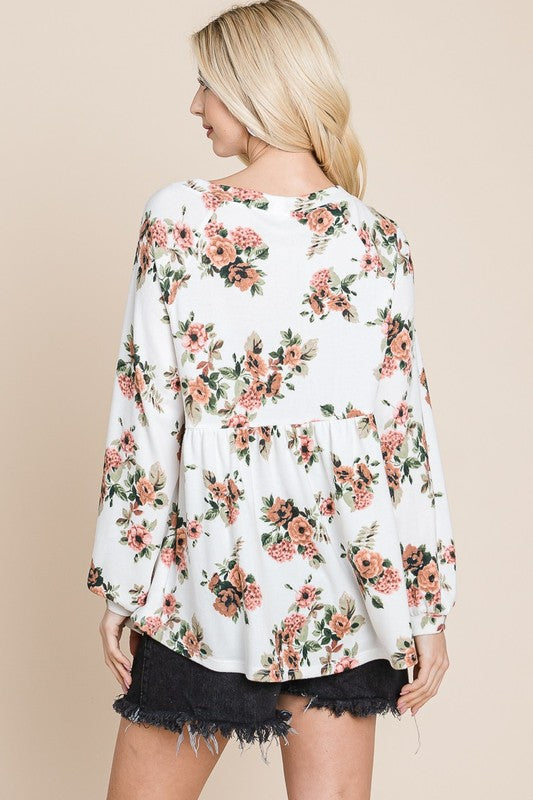 SANSY Babydoll Floral Boat Neck Long Sleeve Blouse