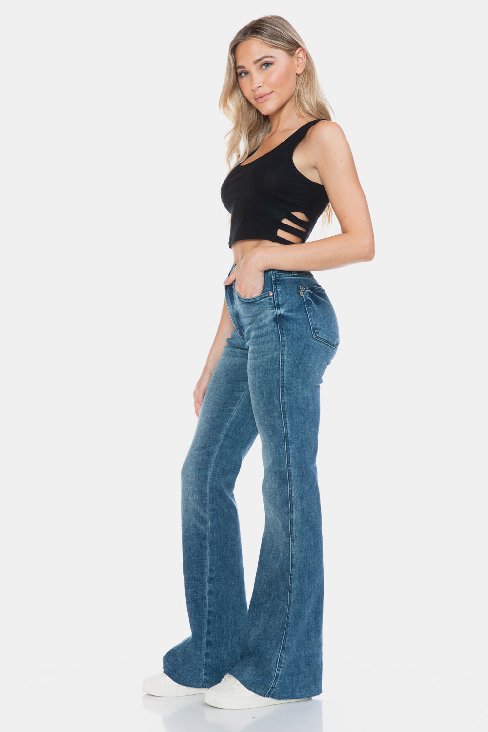 Sans Full Size Tummy Control Cut Hem Flare Jeans