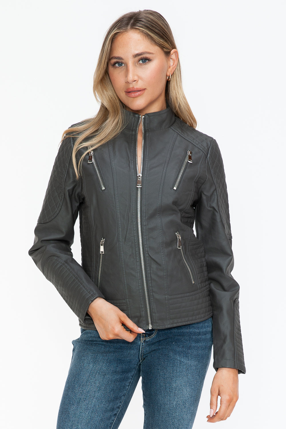 Leather Zip Up Mock Neck Jacket