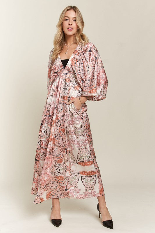 Enchanted Eve Printed V-Neck Batwing Sleeve Dress