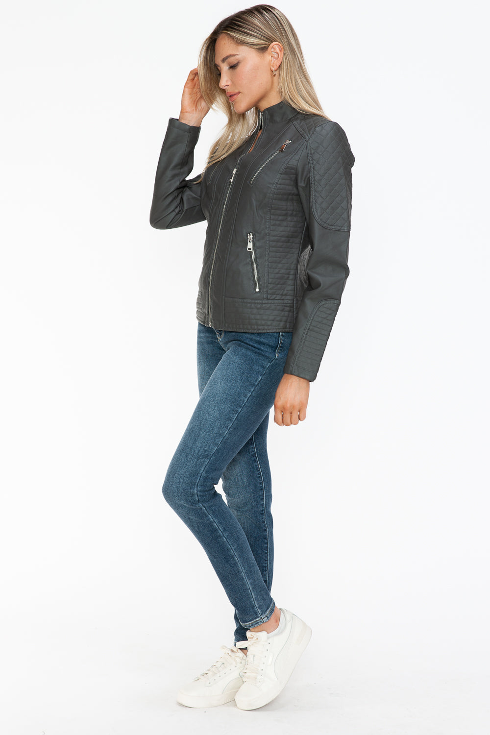 Leather Zip Up Mock Neck Jacket