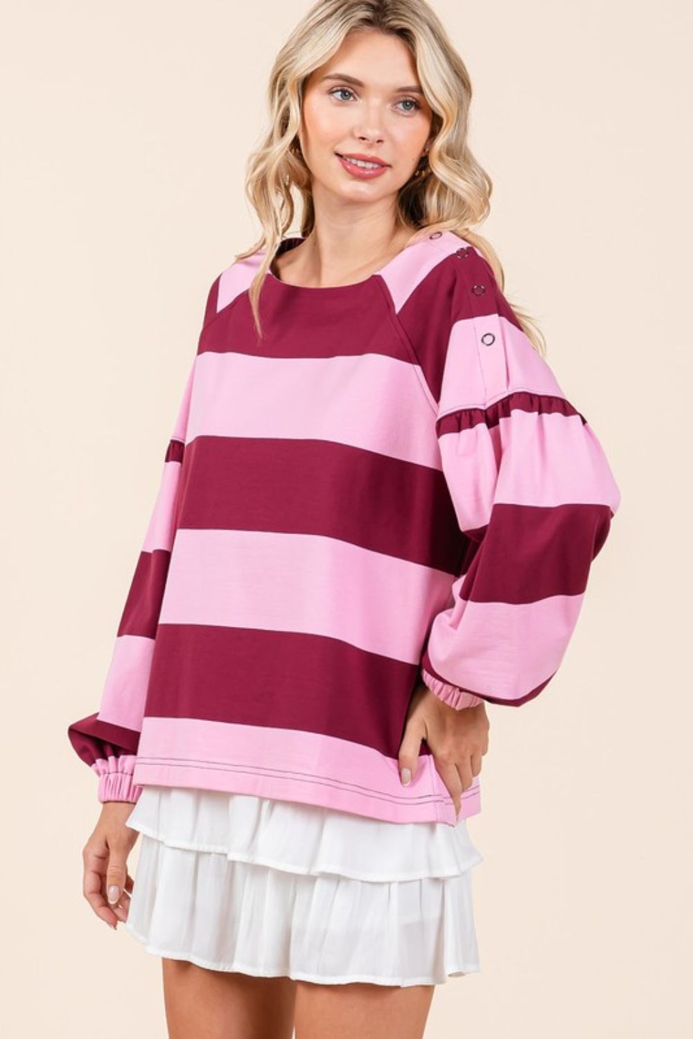 Twilight Glow Striped Snap Shoulder Long Sleeve T-Shirt