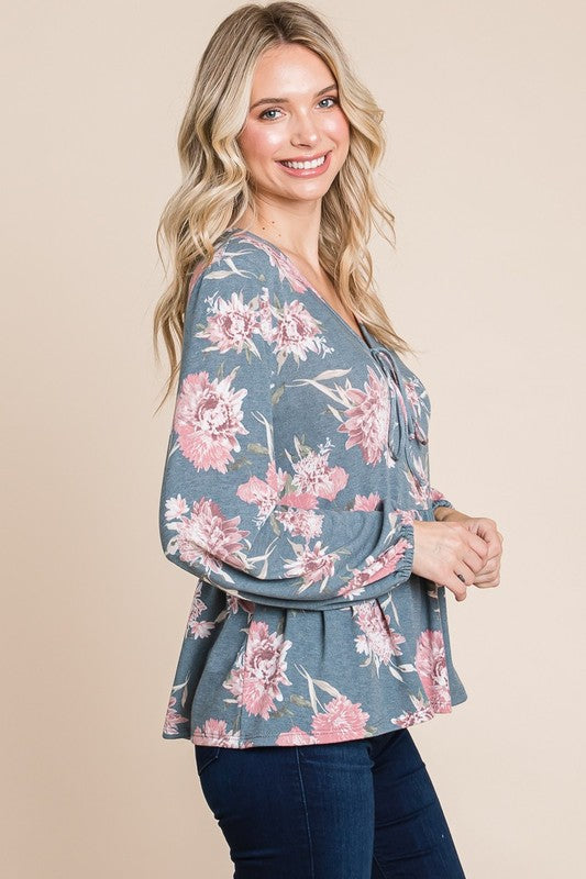 SANSPLAY Babydoll Floral Long Sleeve Blouse