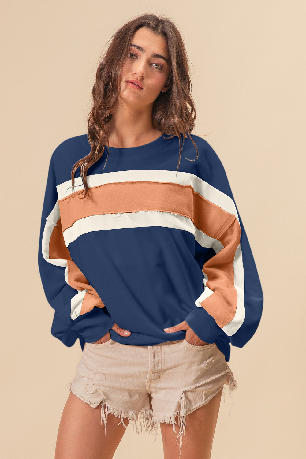 Sans Terry Color Block Cut Edge Detail Sweatshirt