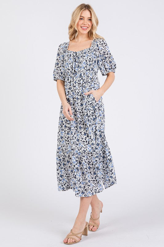 Whispers of Romance Floral Square Neck Puff Sleeve Midi Dress