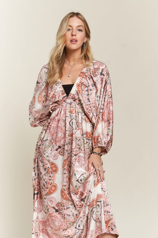 Enchanted Eve Printed V-Neck Batwing Sleeve Dress