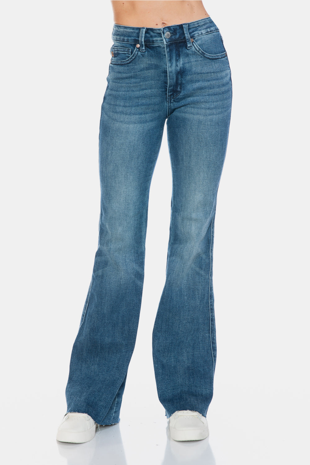 Sans Full Size Tummy Control Cut Hem Flare Jeans