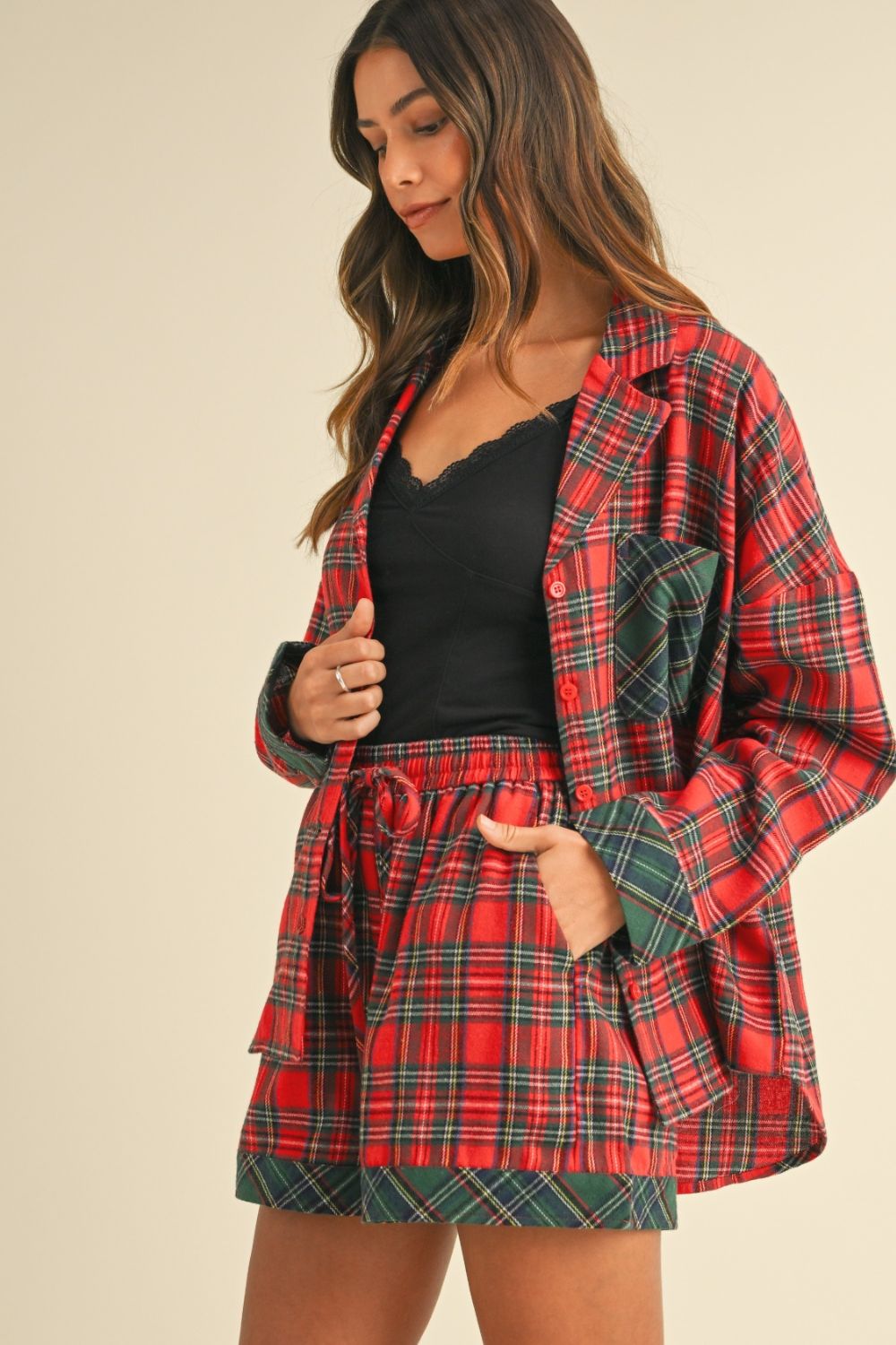 Sansplay Luxe Two-Piece Contrast Plaid Long Sleeve Top and Shorts Set