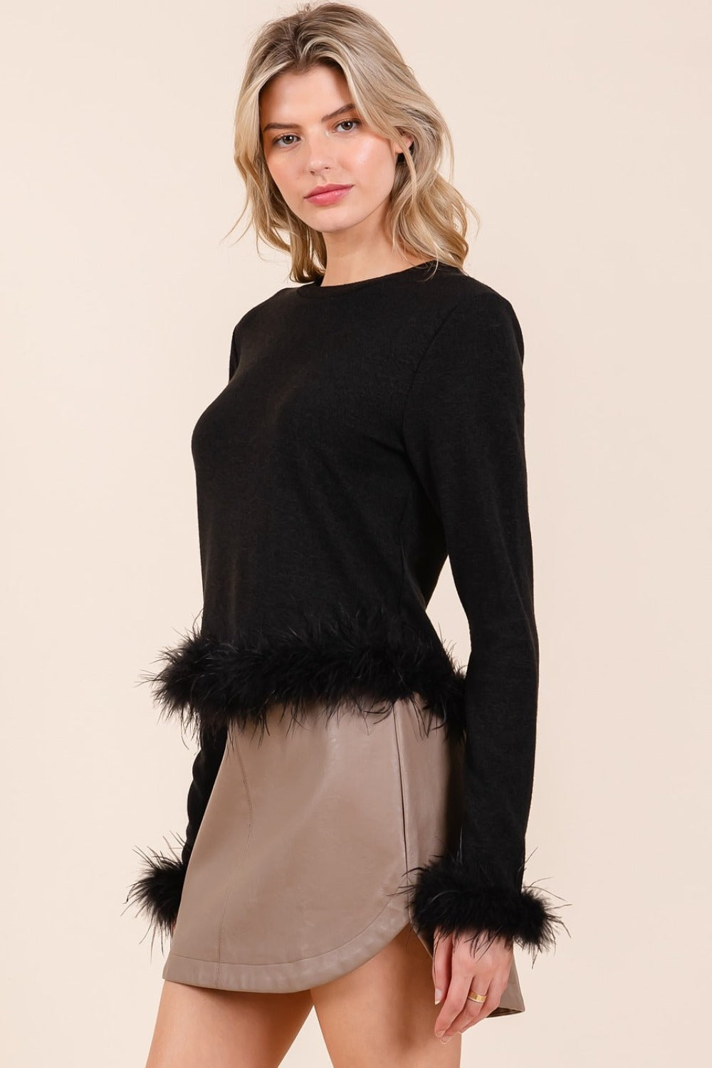 Special Feather Trim Long Sleeve Crop Hacci Knit Top