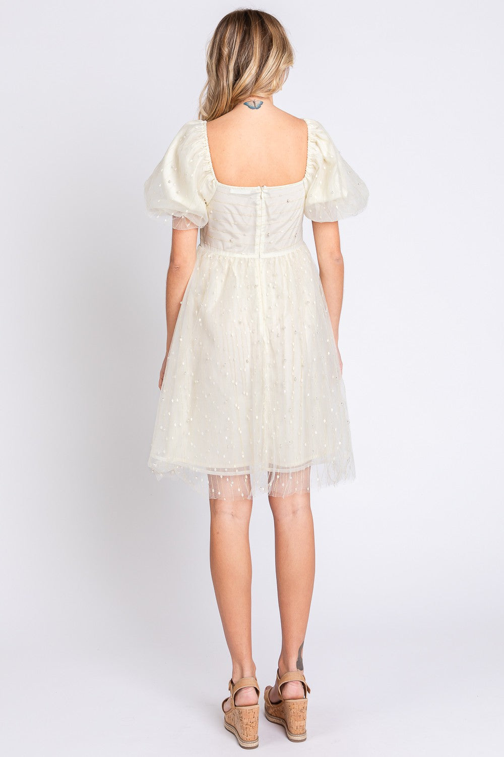 Sansplay Pearl Mesh Puff Sleeve Babydoll Dress