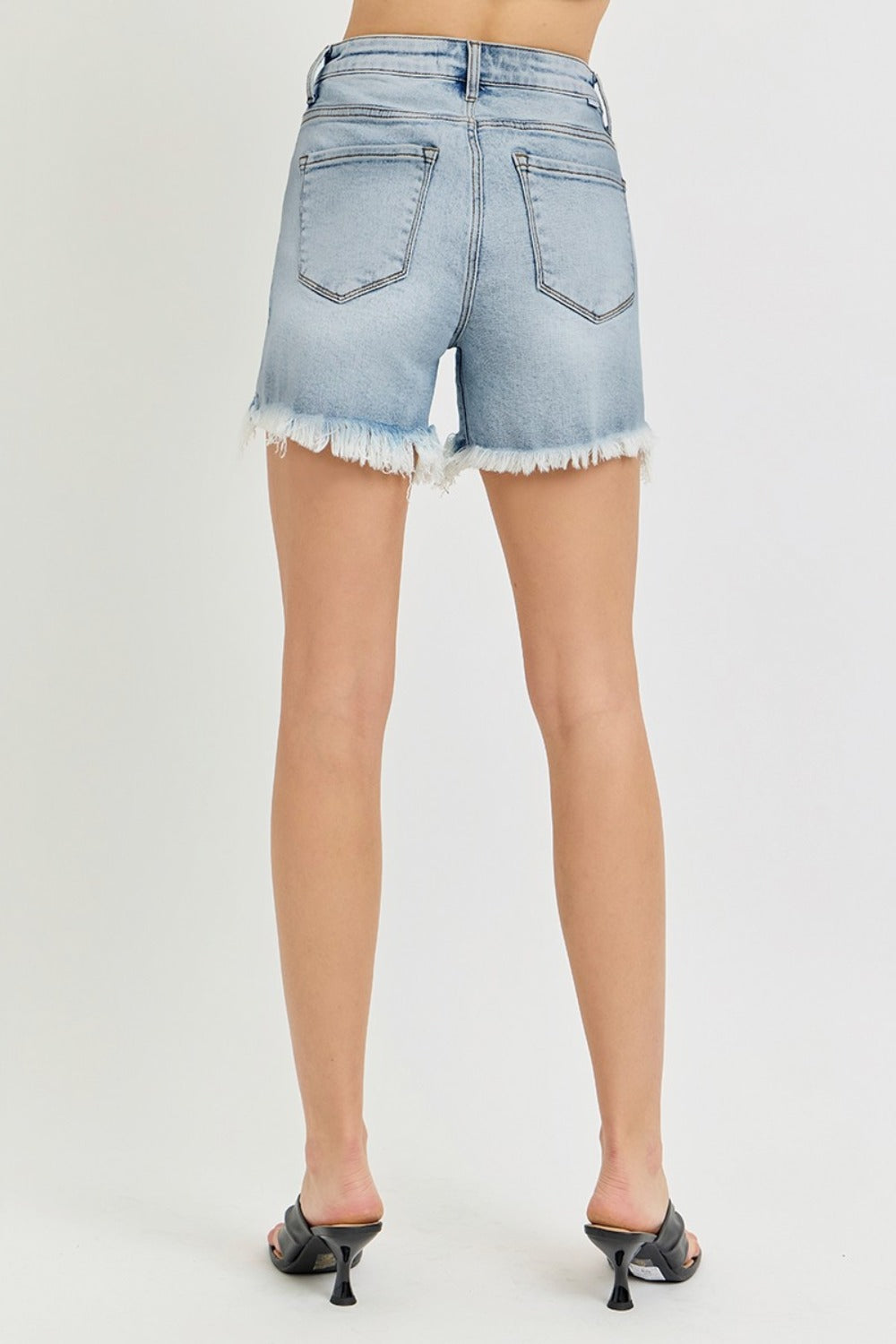 Rise Side Step Hem Denim Shorts
