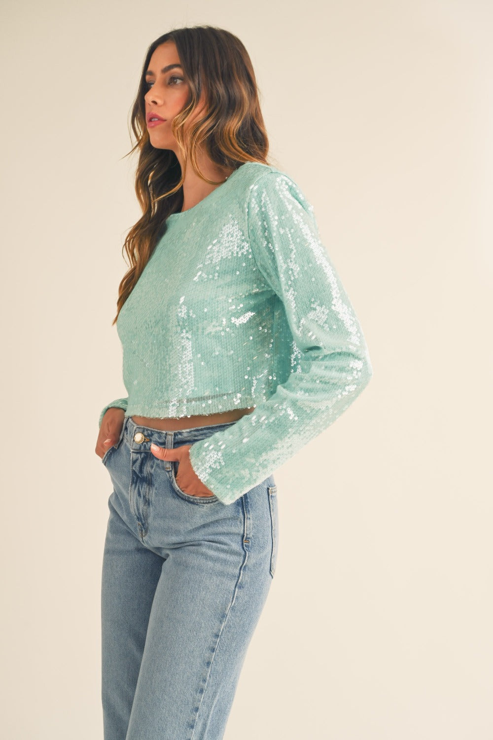 The Midnight Bloom Shoulder Padded Sequin Crop Top