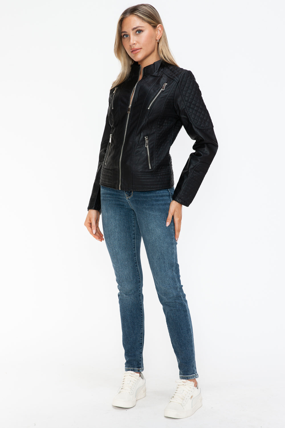 Leather Zip Up Mock Neck Jacket