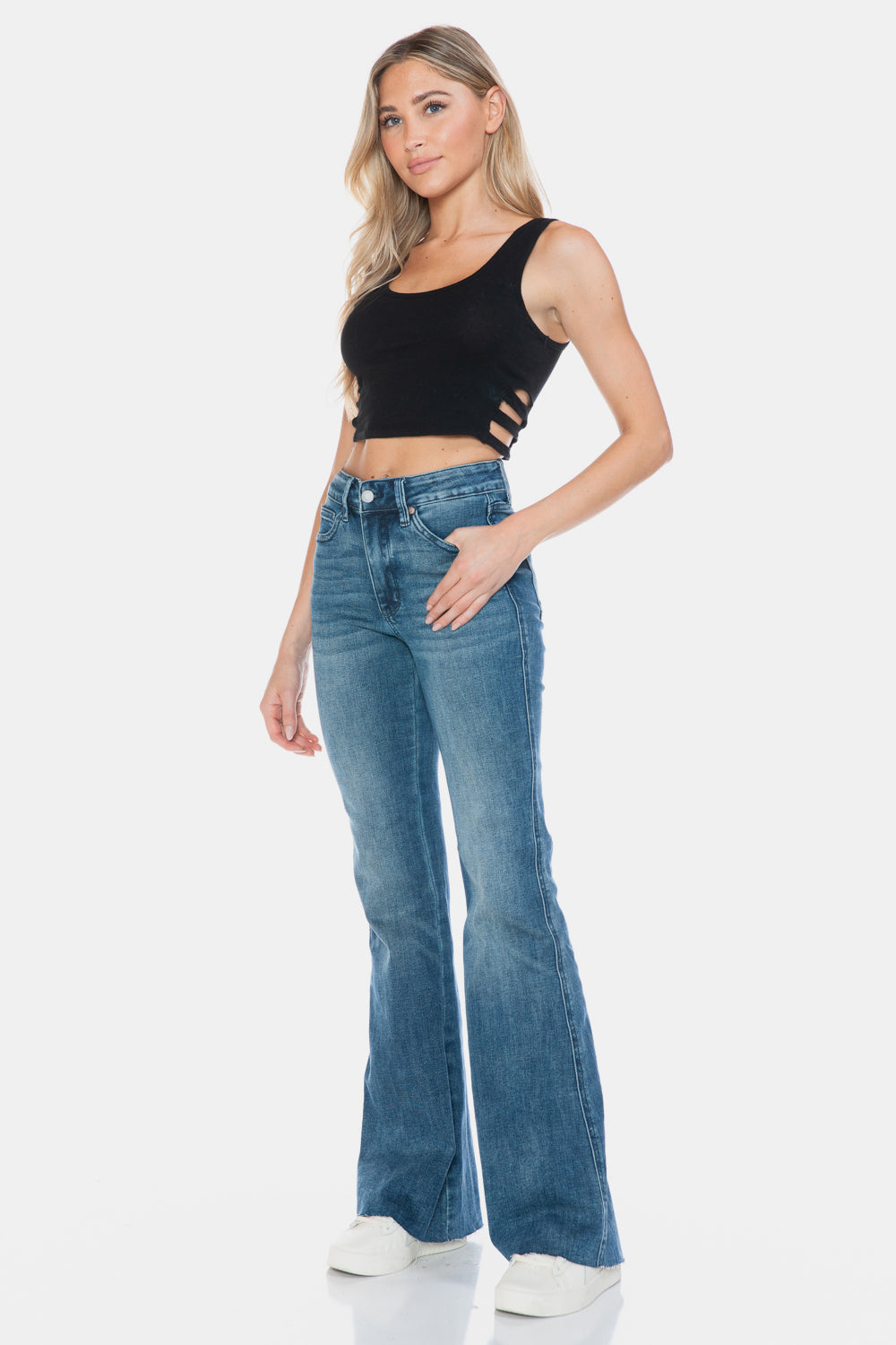 Sans Full Size Tummy Control Cut Hem Flare Jeans