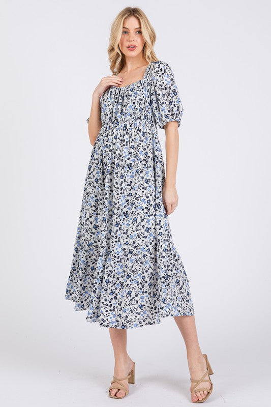 Whispers of Romance Floral Square Neck Puff Sleeve Midi Dress