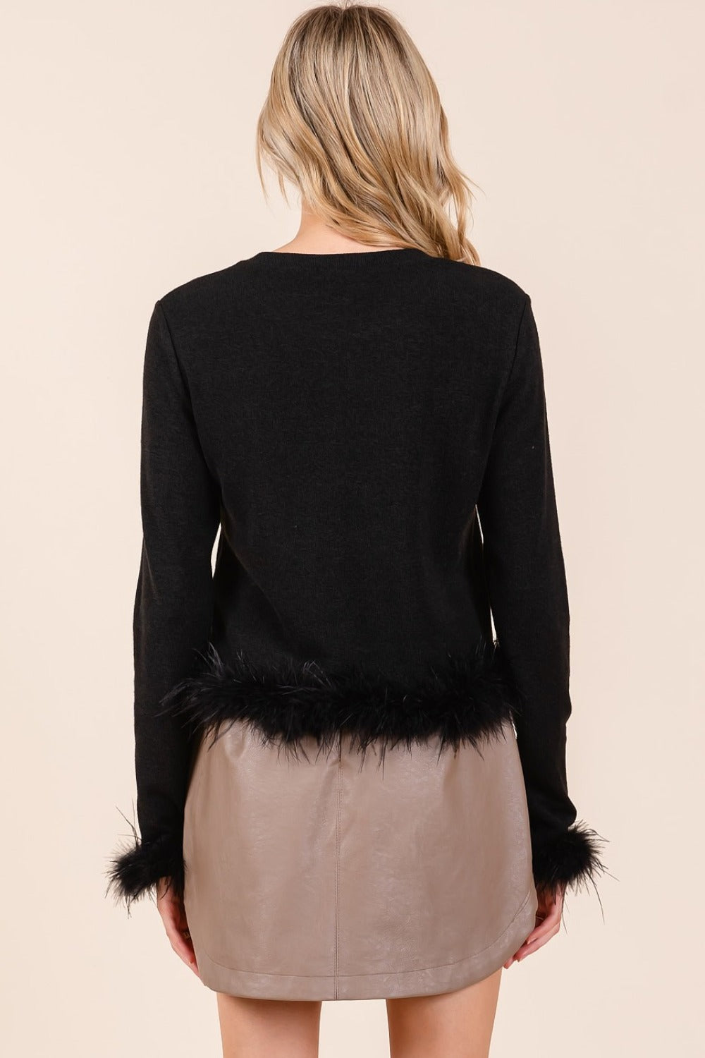 Special Feather Trim Long Sleeve Crop Hacci Knit Top