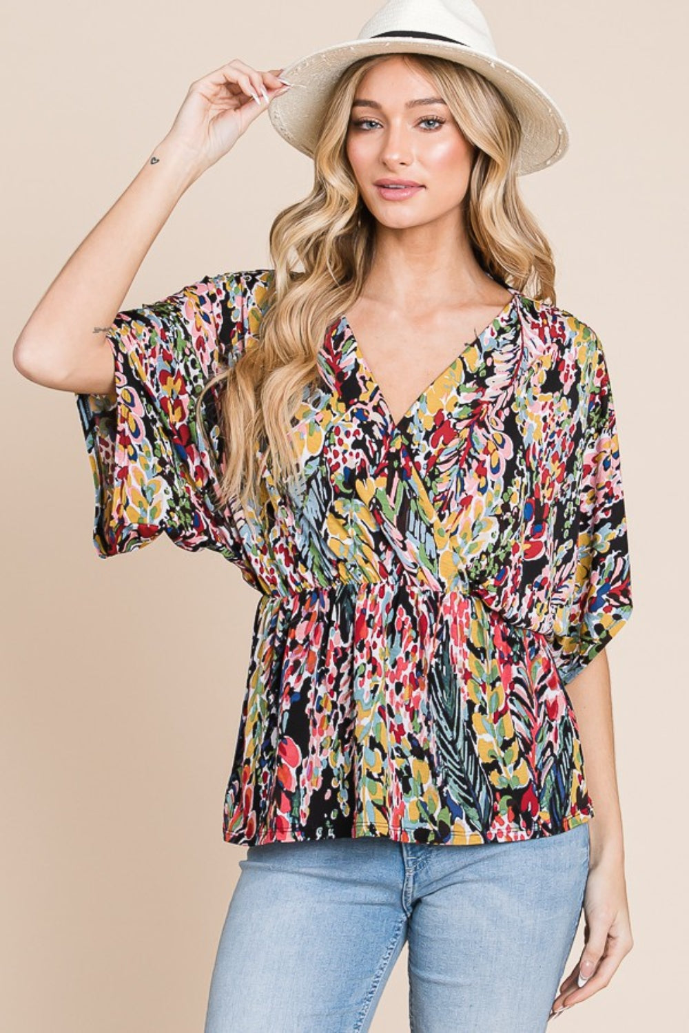 Sans Printed Surplice Peplum Blouse