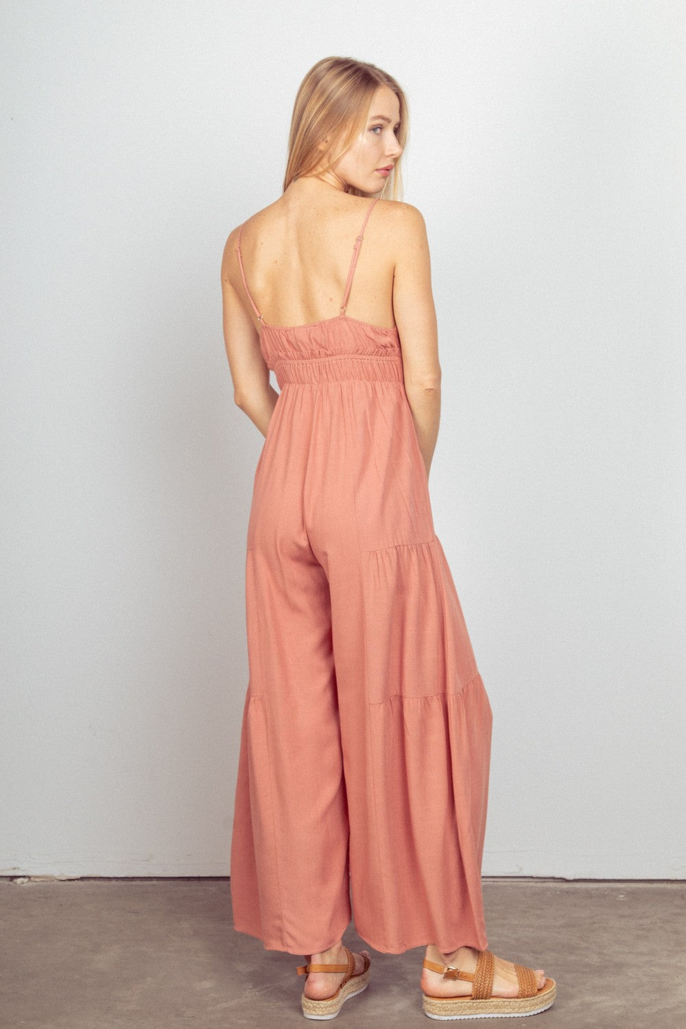 Reverie With Love Sleeveless Ruched Wide Leg Jumpsuit